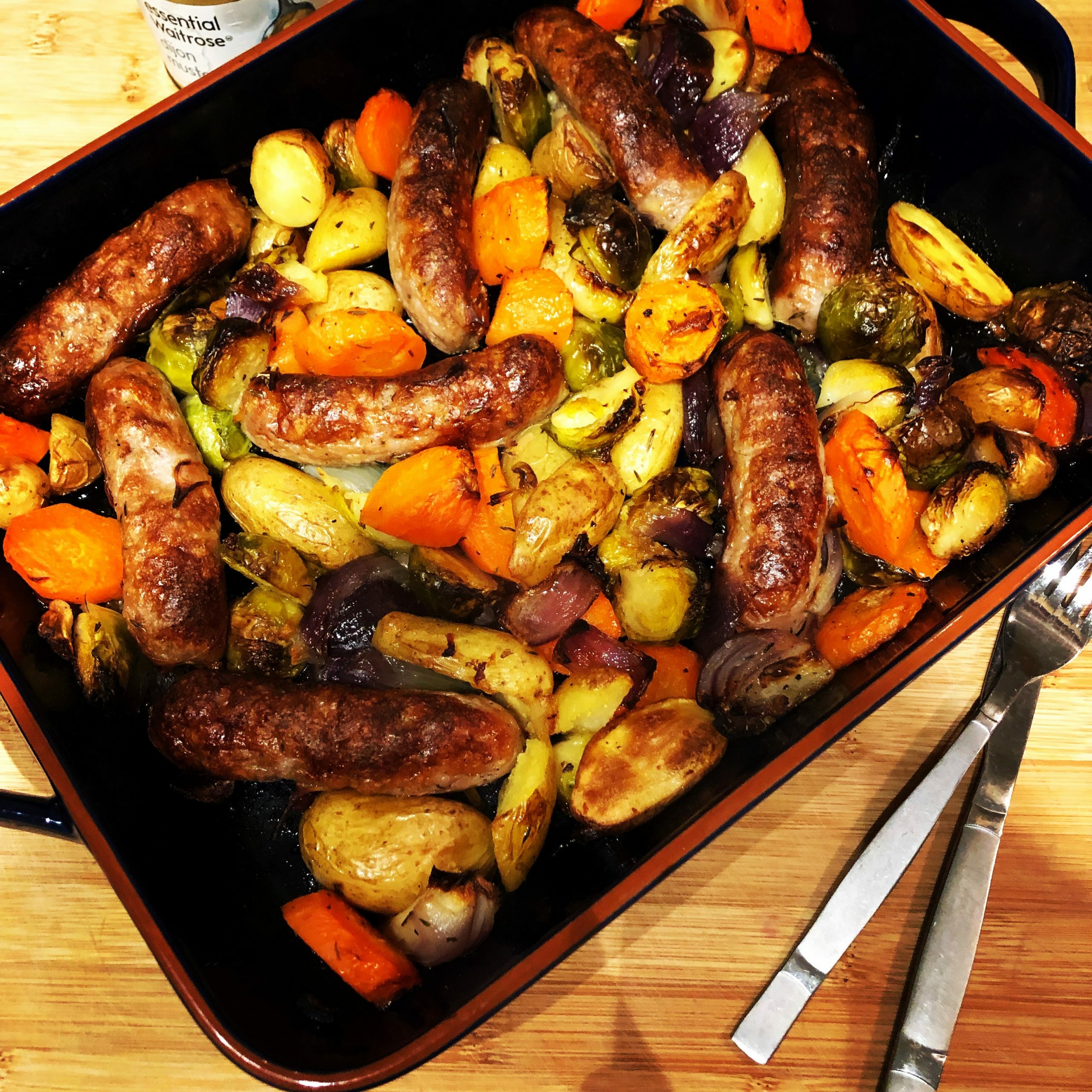 Sausage and Sprout tray bake